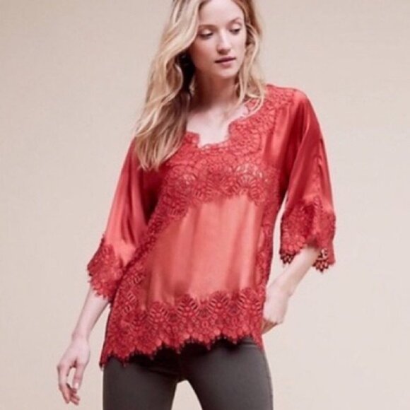 Anthropologie Moulinette Soeurs Satin Lace V-Neck Blouse Size XS Red Bohemian - Picture 2 of 11